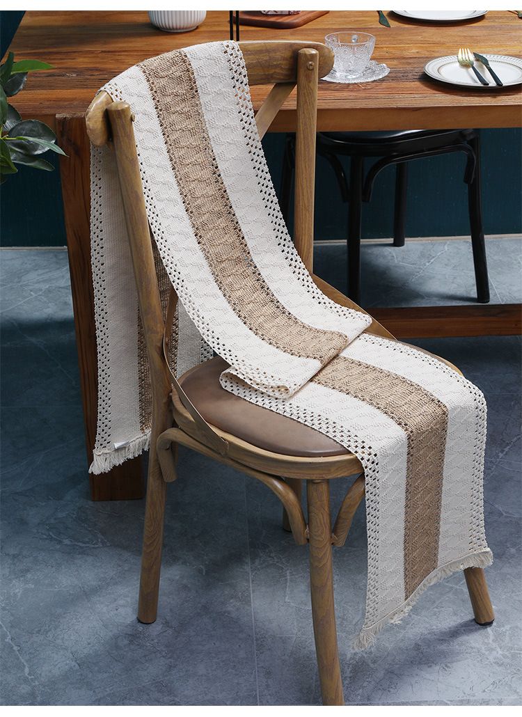 Two Color Woven Tassel American Cotton And Linen Table Runner Stitching Natural Material Table Mat Holiday Decoration Cover_voghion.com