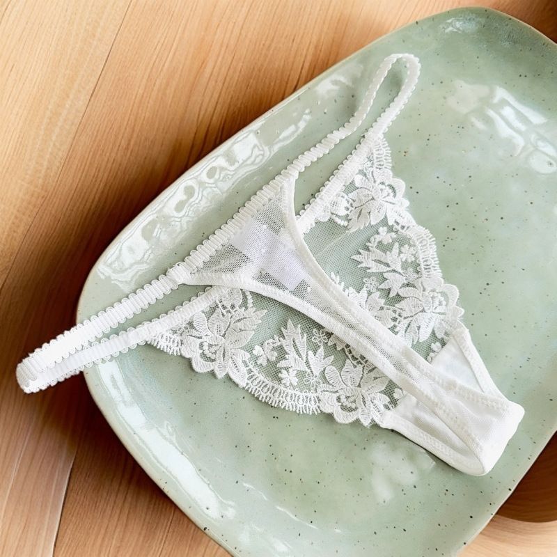 New Eyelash Lace Panties Women's Low Waist Women's Thong Tulle Cotton Crotch T Pants Panties Embroidery_voghion.com