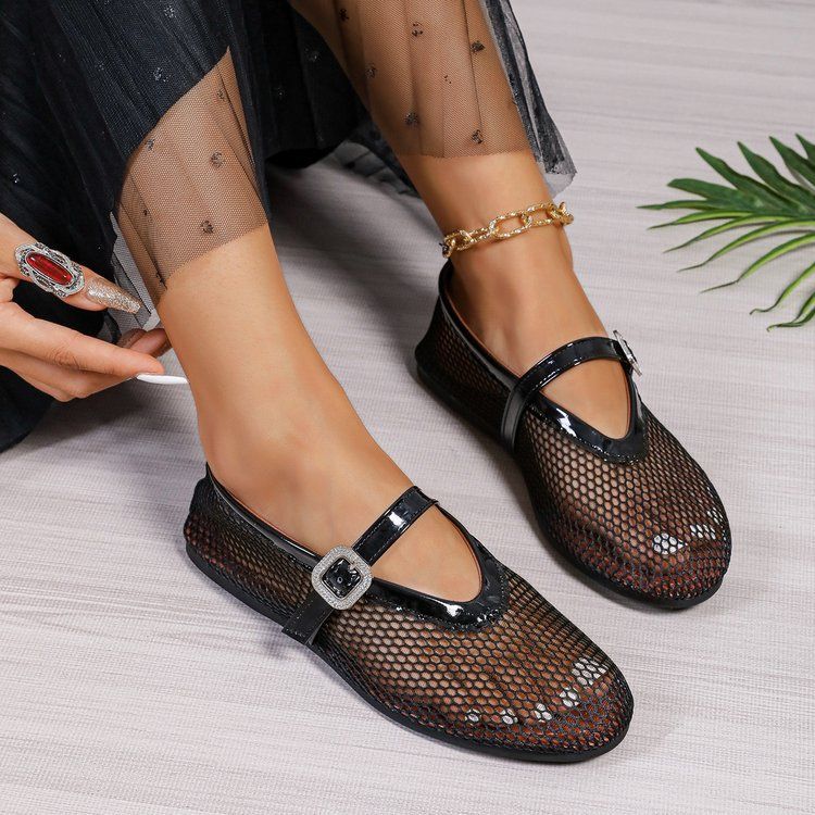 Plus Size Rhinestone Buckle Hollow Ballet Flat Fashion 2025 Spring Autumn Round Toe Women's Shoes_voghion.com