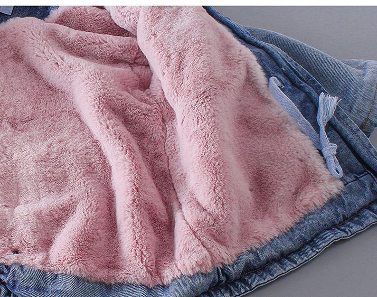 Giacca invernale per bambini con cappuccio in pelliccia sintetica, caldo cappotto in denim foderato in pile per ragazzi e ragazze, capospalla imbottito in cotone spesso (rosa/blu/grigio, 80-130 cm)_voghion.com