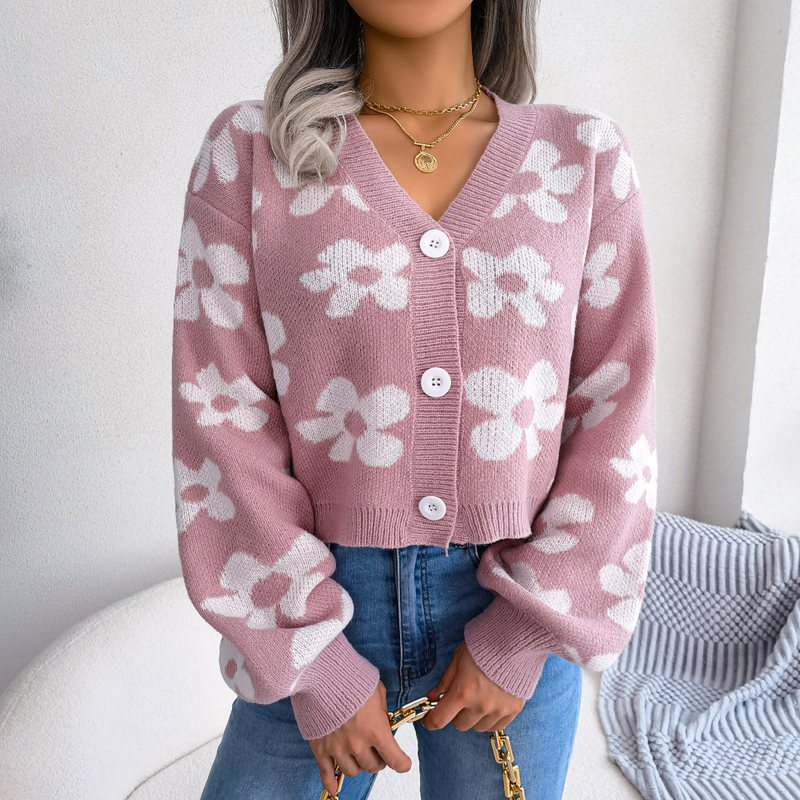 Internet-Promi-Stil Herbst-Winter-Mode Color-Block Floral Laterne Ärmel Strickjacke Pullover Mantel Damenbekleidung_voghion.com