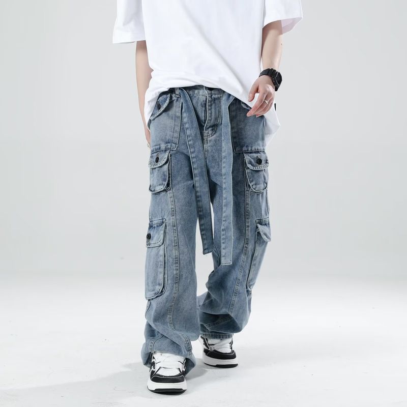 Calça Jeans Cargo Masculina High Street - Calça jeans retrô com vários bolsos, estilo descolado, corte reto e tecido de poliéster confortável._voghion.com
