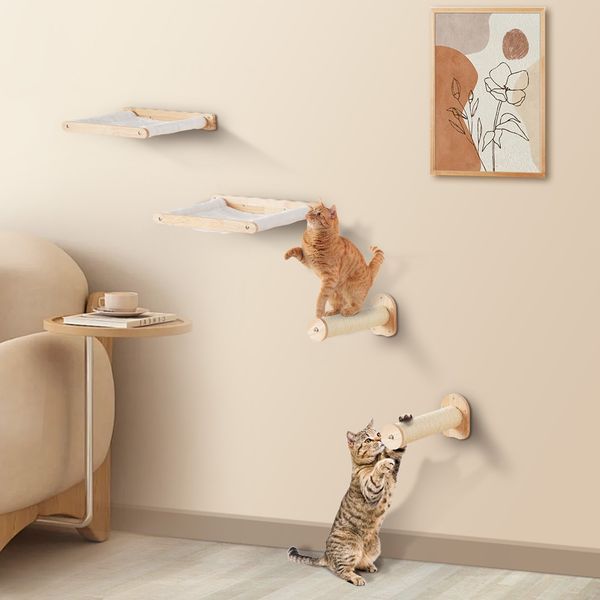 Wall Mounted Cat Shelves With 2 Jumping Posts & 2 Hammocks Up To 40 Lbs_voghion.com
