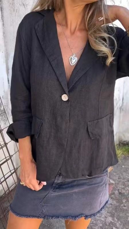 Blazer piccolo in cotone e lino, versatile, taglie forti, tinta unita, con bottoni, a maniche lunghe, primavera e autunno 2025_voghion.com