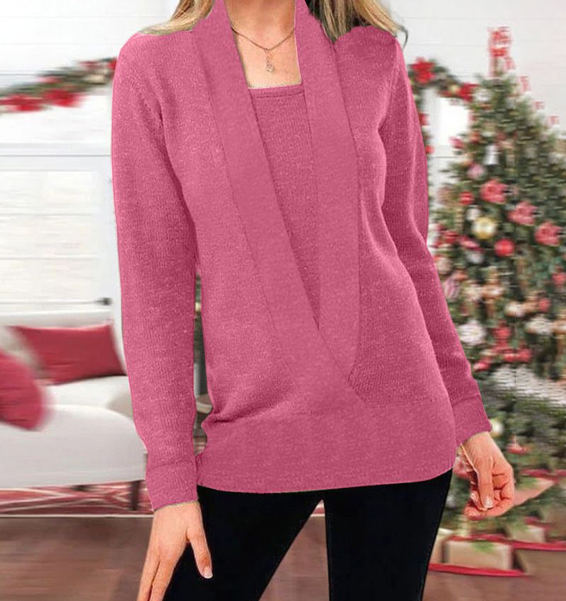 Pull tricoté deux pièces à manches longues et col en V profond pour femme, couleur unie, nouvelle collection automne-hiver 2022_voghion.com