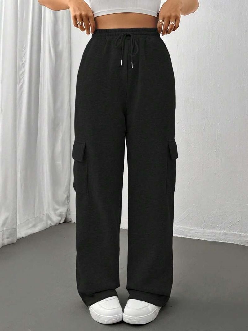 Pantalones cargo para mujer, estilo jogger, cintura alta, cordón ajustable, pierna ancha, informales, con múltiples bolsillos, estilo urbano, negro/beige/gris claro._voghion.com