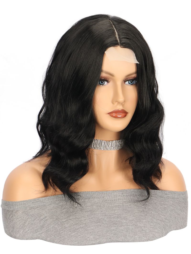 Peruki syntetyczne na klipsy Peruki z małą koronką Peruki syntetyczne Brązowe pasemka Fale wodne Krótkie kręcone włosy_voghion.com