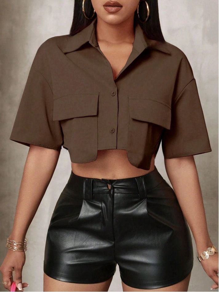 Cárdigan holgado de color liso con solapa de nicho para mujer, diseño de ropa para otoño e invierno, camisa corta con doble bolsillo y nuevo temperamento._voghion.com
