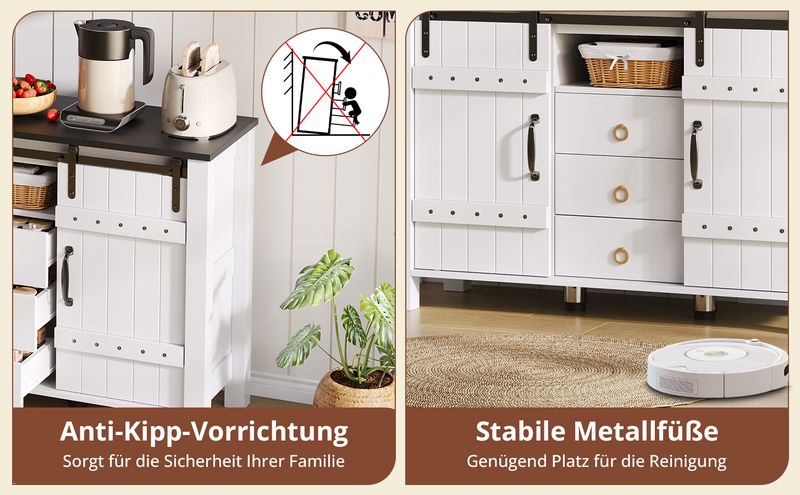 Buffetschrank Bianco 120cm Con Schiebetüren, 3 Schubladen, Rustikaler Holzstil_voghion.com
