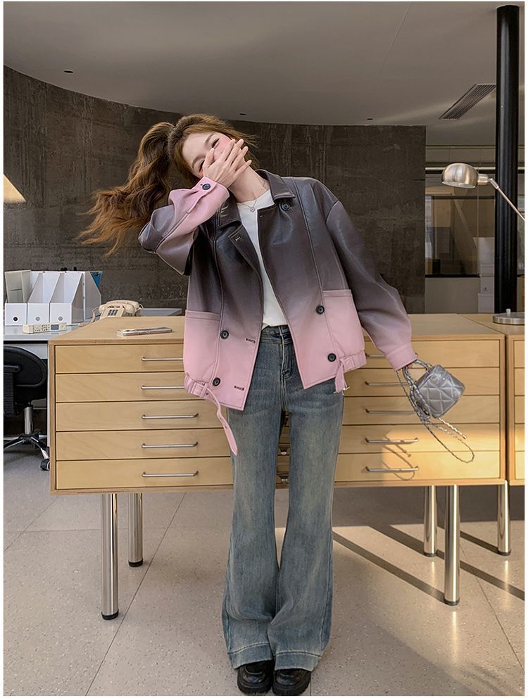 Giacca in pelle PU alla moda in stile coreano, taglia piccola, primavera 2025, grigio sfumato rosa per donna_voghion.com