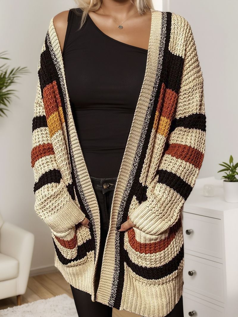 Women's Striped Open Front Cardigan – Vintage-Inspired Loose Knit Sweater (XS-XL, Striped Pattern)_voghion.com