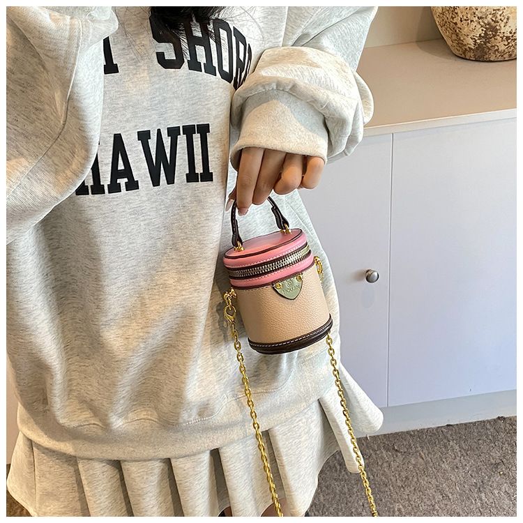 Borsa a secchiello da donna, mini borsa a secchiello rotonda con contrasto di colore, stile per famiglie, da portare a mano, piccola borsa a tracolla color rossetto, da donna_voghion.com
