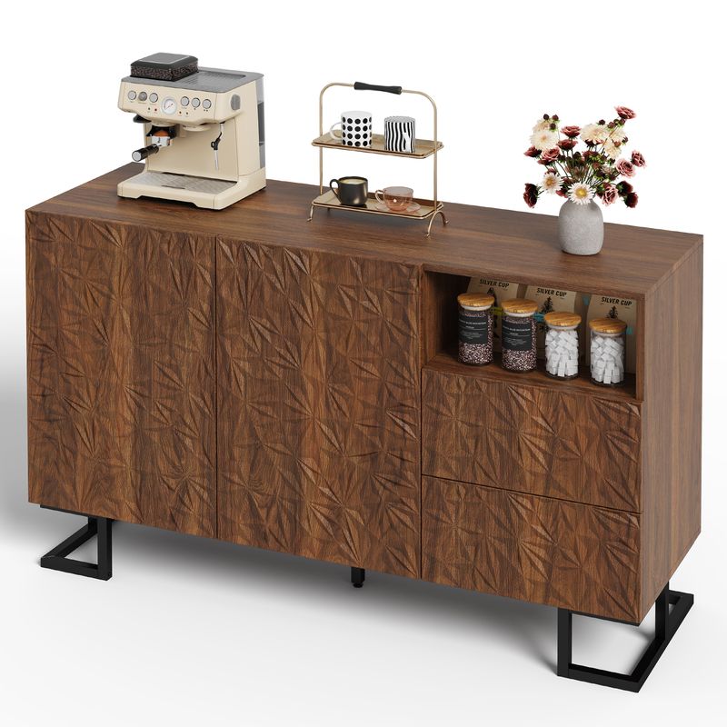 Beistellschrank 120x78,5cm Walnussoptik Mit Blattrelief, 2 Türen & 2 Schubladen_voghion.com