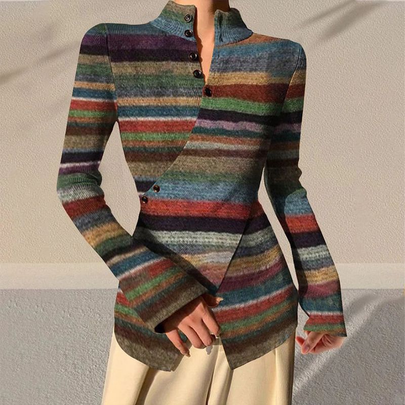 Women's Clothing Hot Selling Stand Up Collar Striped Cross Hem Button T Shirt_voghion.com