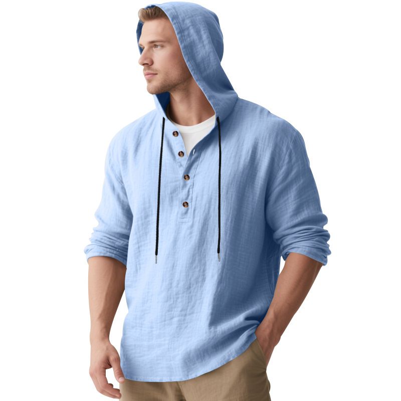 Lente en herfst lang mouwen linnen overhemd heren capuchon casual losse T-shirt trui heren_voghion.com