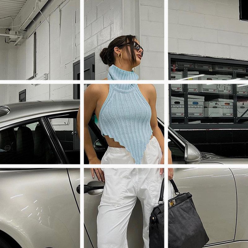 Women's turtleneck irregular sexy halter knitted small vest sweater_voghion.com