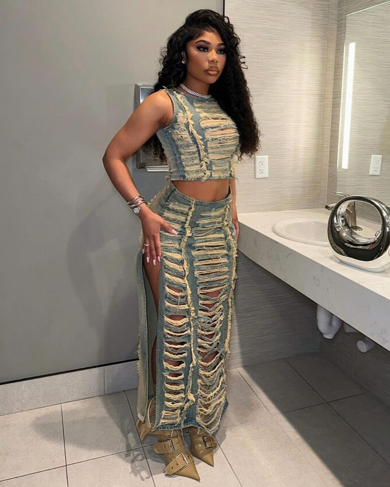 Women’s Clothing women's denim suits, cross border women's fashion, personalized hand worn vest, high slit denim skirt suit_voghion.com