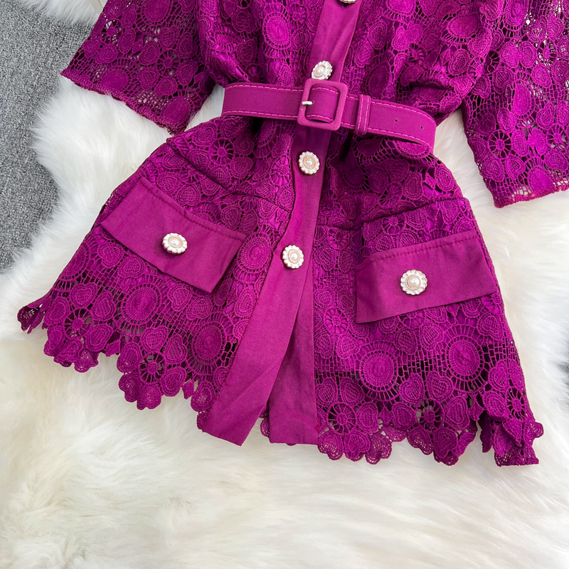 Camicia da donna in pizzo monopetto alla moda, set in due pezzi, gonna a pieghe a vita alta_voghion.com