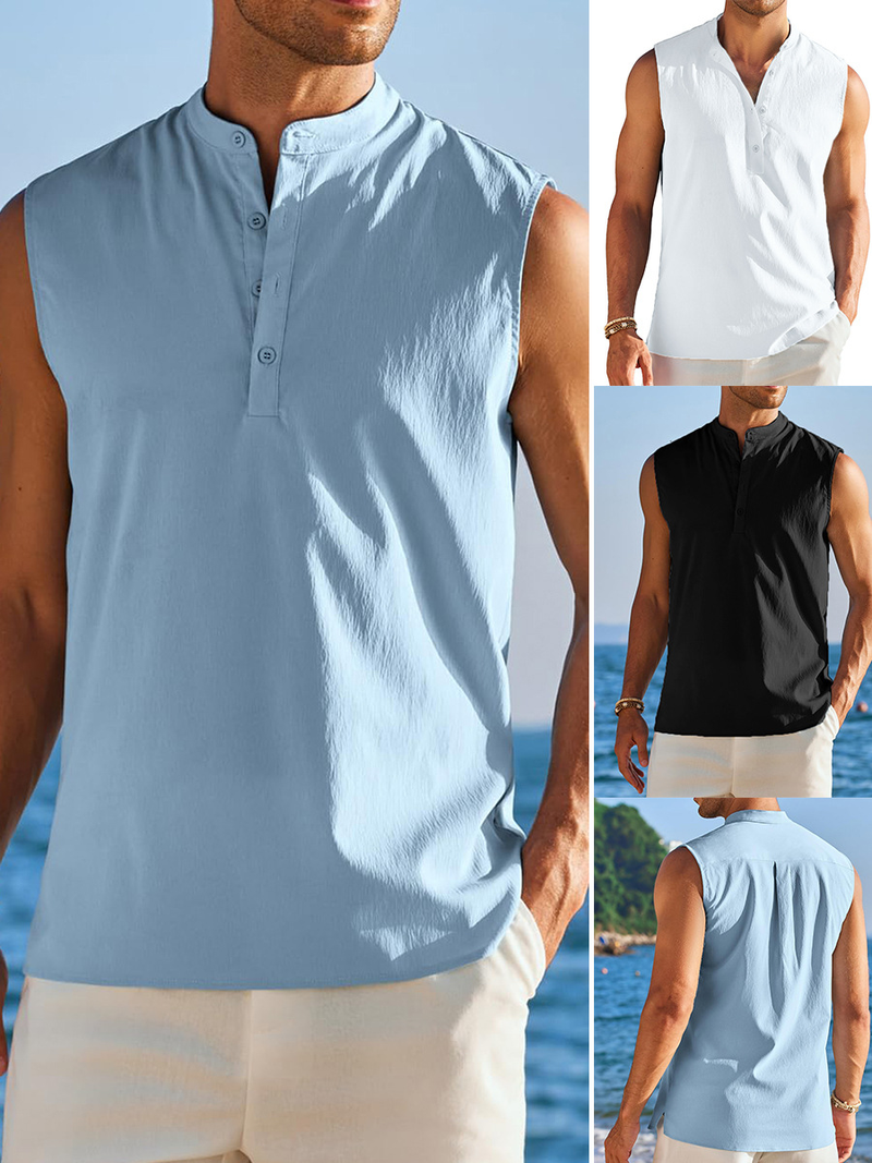 Vêtements pour hommes printemps et été, nouvelle chemise sans manches semi-ouverte pour hommes, gilet décontracté d'extérieur pour hommes_voghion.com