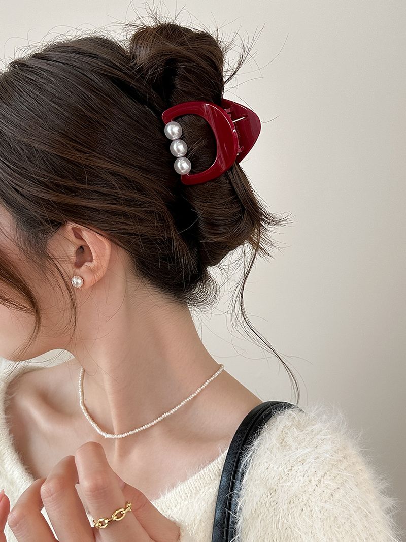 Temperamento Rosso Mezza Legatura Capelli Coreano Edizione Perla Piccola Fermaglio per Capelli Parte Posteriore della Testa Temperamento Forcina per Capelli Senso Avanzato Fermaglio Squalo Irregolare_voghion.com