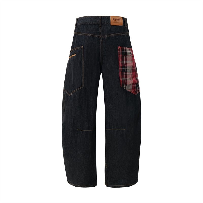 Herren-Scimitar-Jeans mit einzigartigem Design, genähter, geteilter Patchwork-Plaid-Arbeitshose mit großer Tasche und gerader, langer Hose_voghion.com