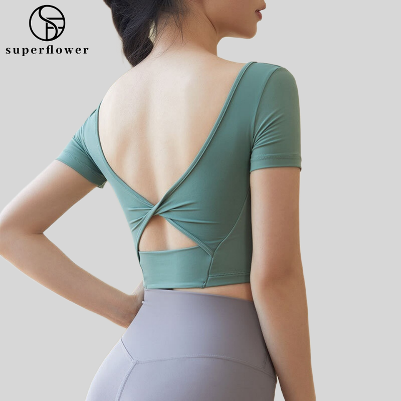 SUPERFLOWER Women's Yoga Short Sleeves Top with Padding Sports Fiess Slim Jogging Running T-shirt with Breast Pads_voghion.com