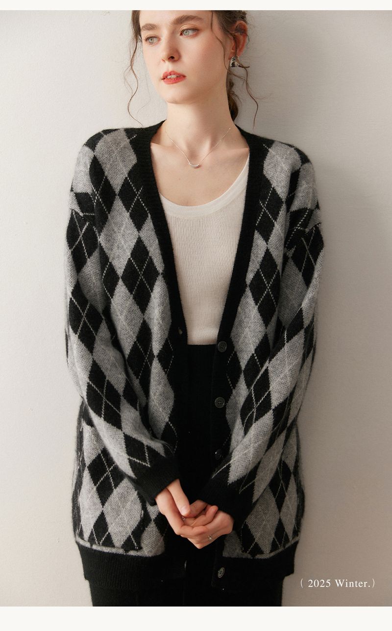 Cardigan in cashmere con scollo a V e motivo a rombi grandi, color block, per donna, capospalla ampio e largo, di media lunghezza, per autunno e inverno_voghion.com