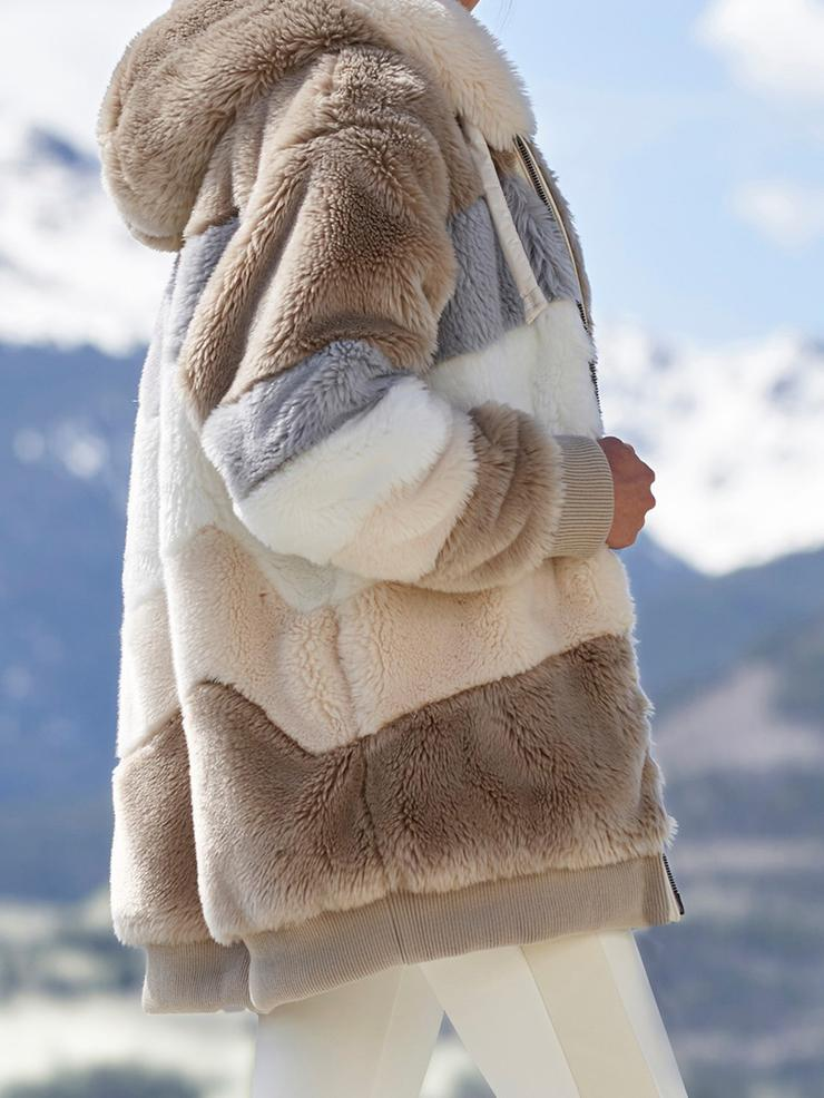 Abrigo de felpa de invierno 2021 para mujer, chaqueta con capucha y cremallera, informal, de gran tamaño, con cuadros, de piel, cálida, parka para mujer_voghion.com