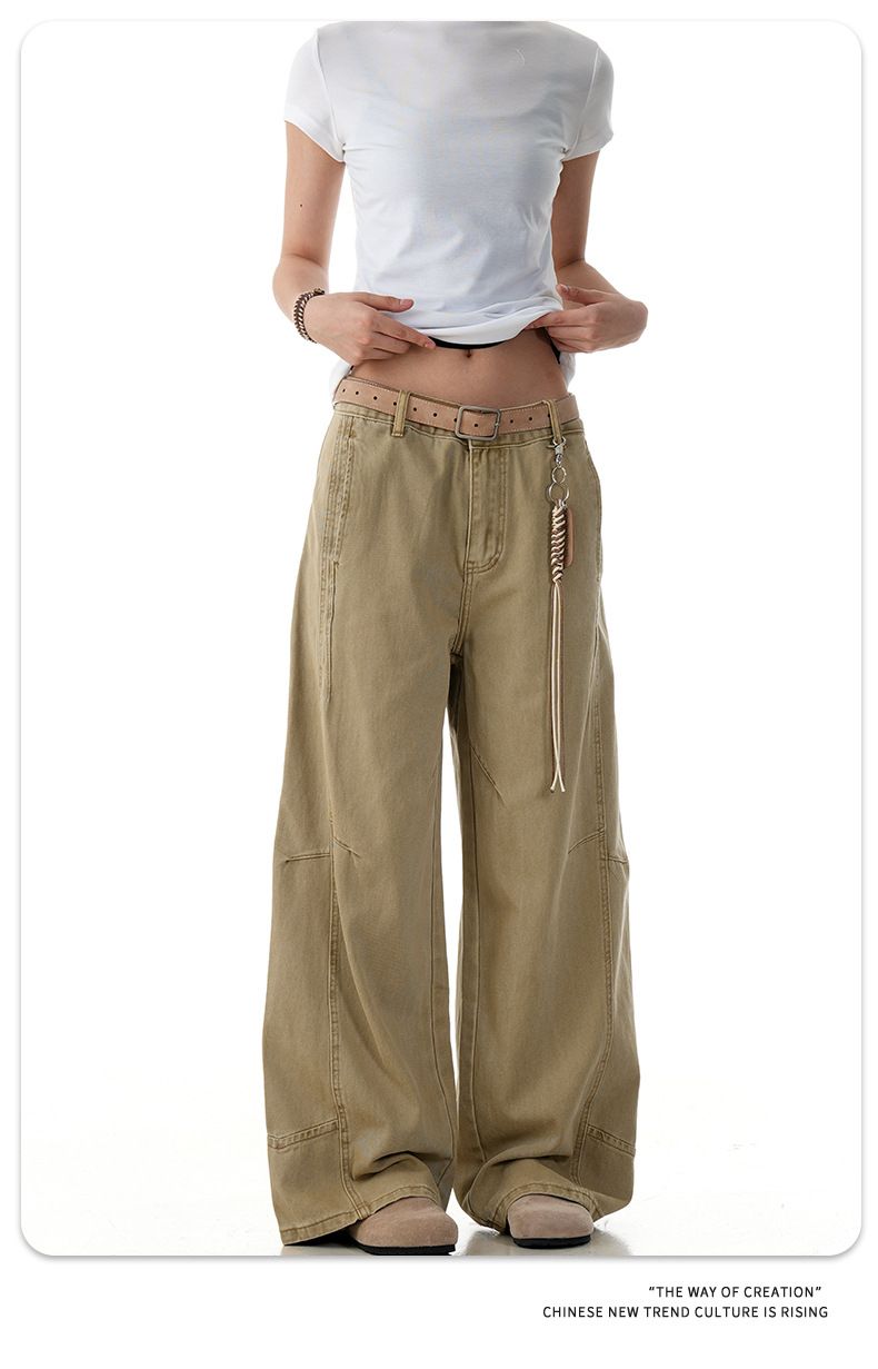 Lockere Cargohose im Vintage-Stil in A-Linie für Damen und Herren – Relaxed Fit, gerades Bein, Freizeithose (Weiß, Khaki)_voghion.com