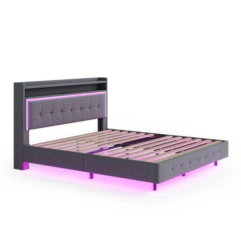 Polsterbett 140x200cm Con USB, LED, Fußen Versteckten, Leinenstoff Grau_voghion.com