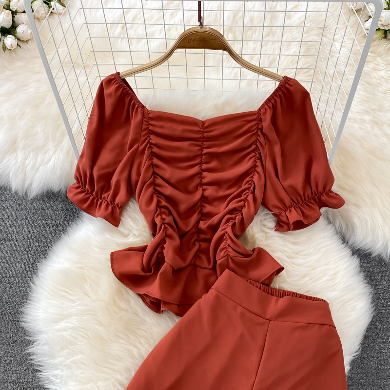 Pantalon décontracté pour femmes, taille haute, drapé, jambes larges, ensemble deux pièces, col carré, chemise courte et slim_voghion.com