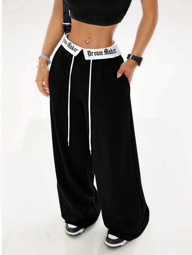 "Women's Loose Fit Casual Trousers With Contrast Letter Print - Breathable Polyester Summer Pants For Comfortable Everyday Wear"_voghion.com