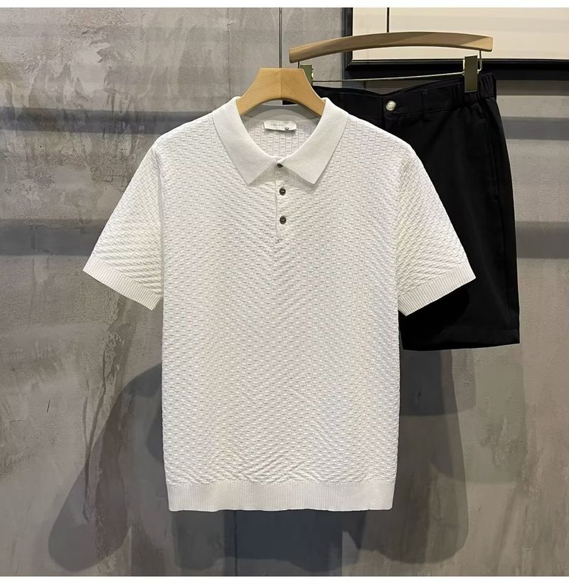 Herrenbekleidung Sommer New Ins Revers Kurzarm Poloshirt Herren Leichtes Luxus All Match Einfarbiges Kariertes Textur T-Shirt_voghion.com