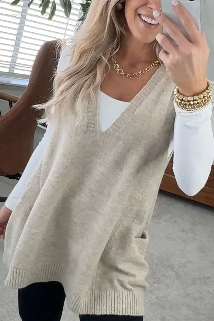 K Einfarbige Strickweste mit V-Ausschnitt und Tasche, ärmelloser Pullover_voghion.com