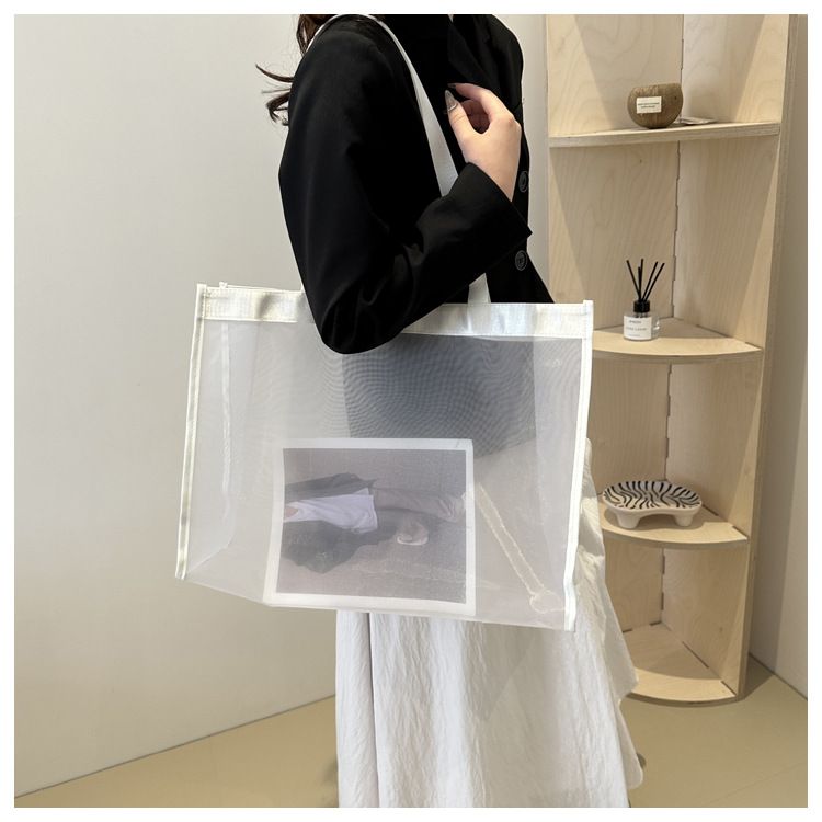 Borsa tote personalizzata per la spesa, nuova, semplice ed elegante, con tracolla singola, grande capacità, in rete trasparente, 2024_voghion.com