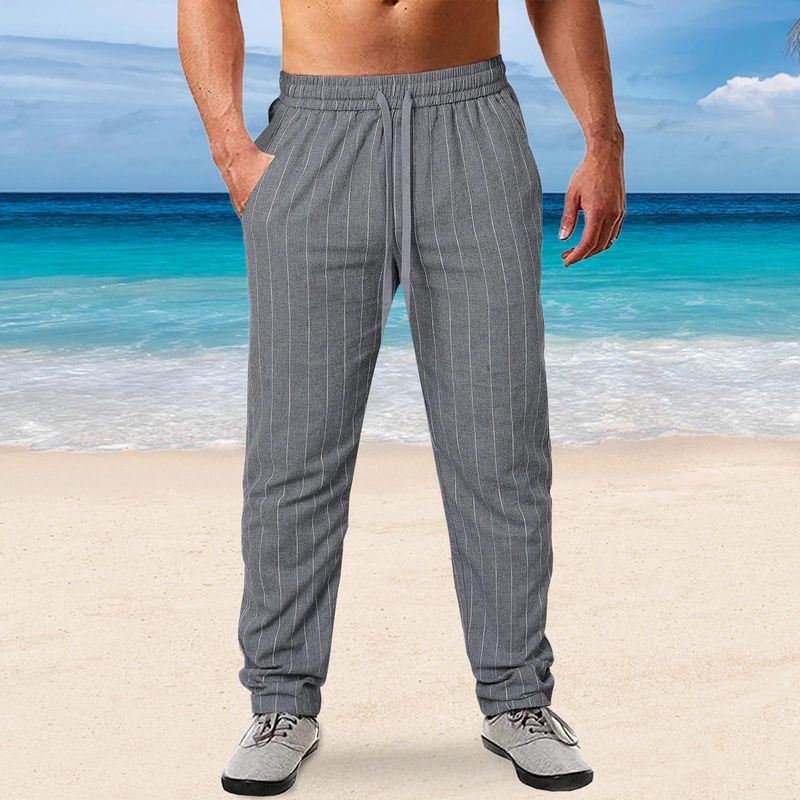 Nuovi pantaloni da uomo a righe verticali con coulisse elastica in vita in cotone e lino pantaloni casual da spiaggia_voghion.com
