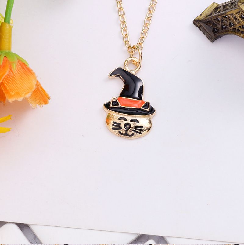 Gioielli alla moda e di personalità a tema Halloween, collana creativa con testa di gatto, cappello magico con zucca e olio, pendente a catena, regalo esagerato_voghion.com