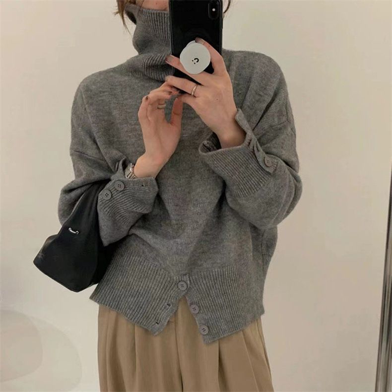 Pull doux à col montant d'inspiration japonaise pour femme - Pull décontracté à boutons rétro (blanc cassé/kaki/vert olive/noir/gris)_voghion.com