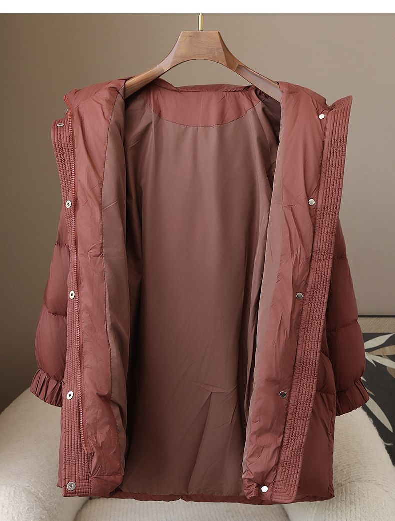 "Women's Fashion Hooded Down Jacket, 90% White Duck Feather Filling, Long Coat For Winter, Loose Fit, Zipper Closure, Multiple Pockets,_voghion.com