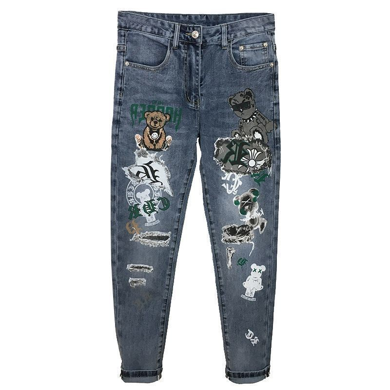 Jesenske nove moške kavbojke, trendovske blagovne znamke, vezeni tisk, mladinske elastične, slim fit, majhne stopala, vsestranske, priložnostne hlače_voghion.com