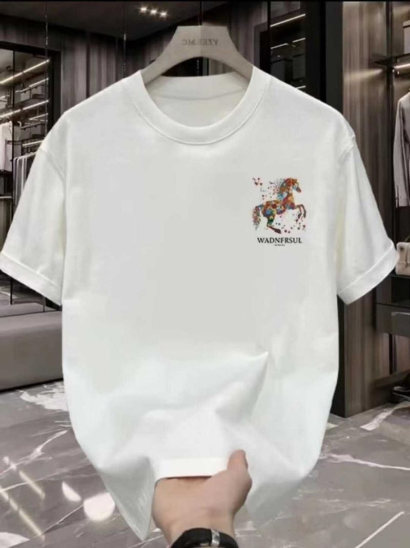 Großes langes Samt-Kurz-T-Shirt aus reiner Baumwolle für Herren, bedrucktes Wanhuama-Oberteil mit Rundhalsausschnitt, trendig und vielseitig_voghion.com