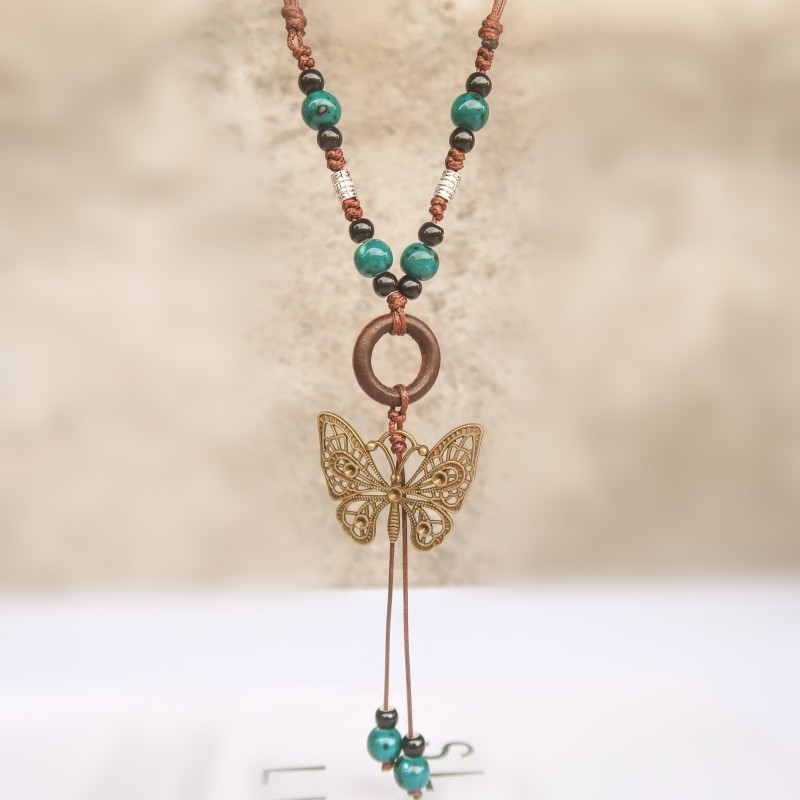 Collana lunga in ceramica etnica reale per donna con ciondolo antico in stile cinese a forma di farfalla_voghion.com