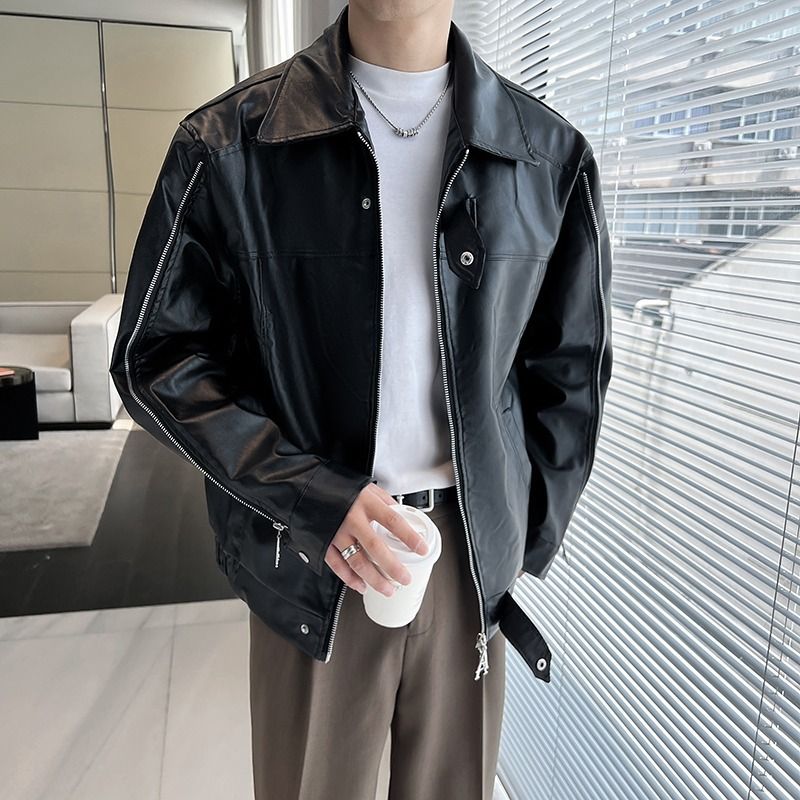 Herren-Bikerjacke mit Doppelreißverschluss – Retro-Mantel im Lederlook mit Stehkragen und Cleanfit-Ästhetik_voghion.com