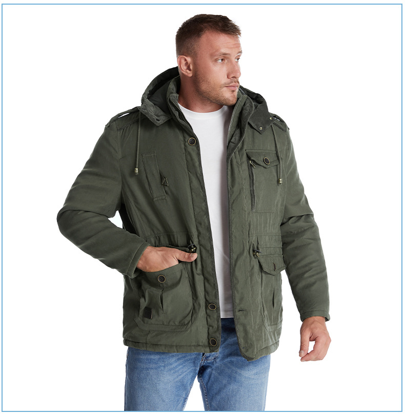 Men's Plus Size Shearling Hooded Cotton Jacket Thickened Multi-Pocket Cotton Top Casual Mid-Length Coat_voghion.com