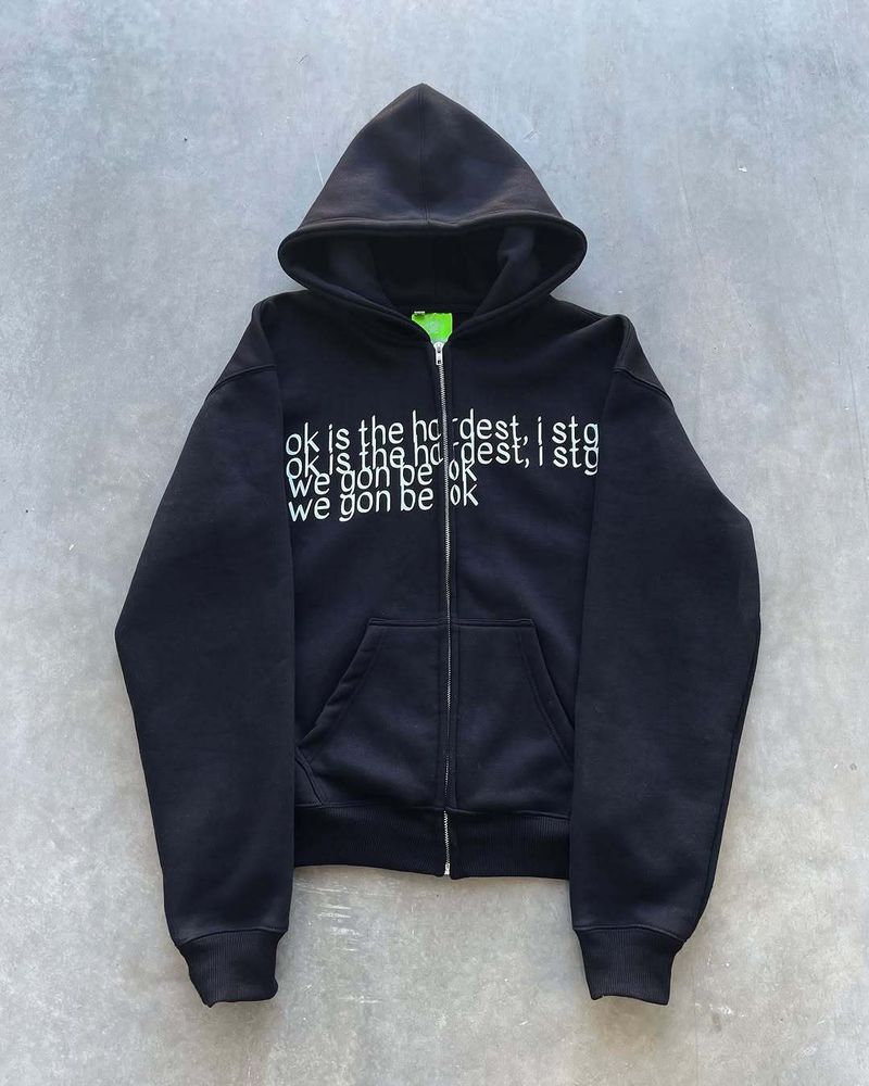Herrenbekleidung Unisex Retro Print Zip-Up Hoodie – Klassischer Streetwear Pullover für Männer & Frauen | Lockere Passform, bequemes Fleecefutter | Schwarz, Grau_voghion.com