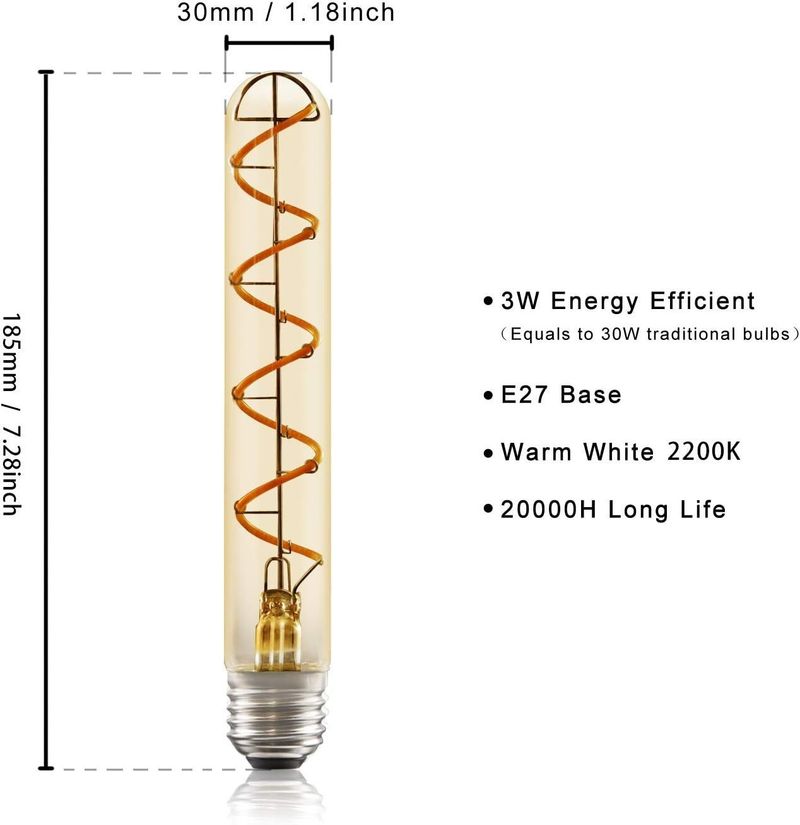 Glitzerlife LED Edison Glühbirne Röhrenlampe - E27 4W Vintage Glühlampe In Röhrenform 185mm Warmweiß Spirale Filament Antike Nostalgie Und Retro Beleuchtung_voghion.com