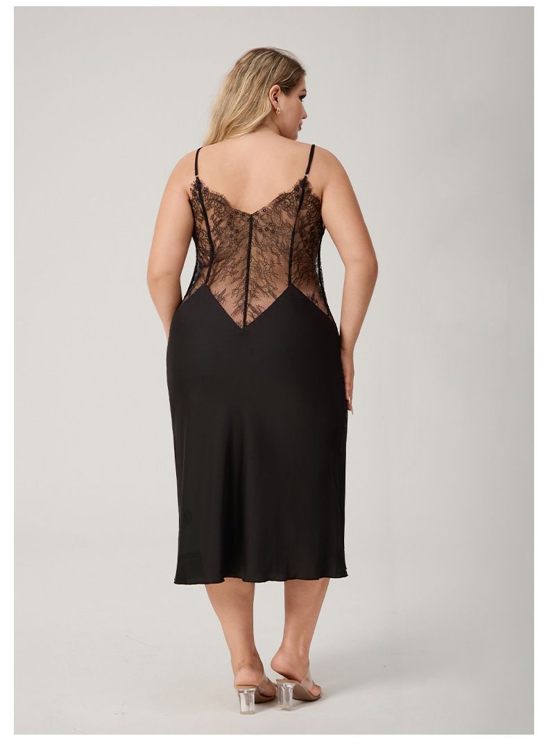 Large Size Suspender Pajamas Women's Satin Chiffon Sexy Nightgown Long Loungewear C_voghion.com