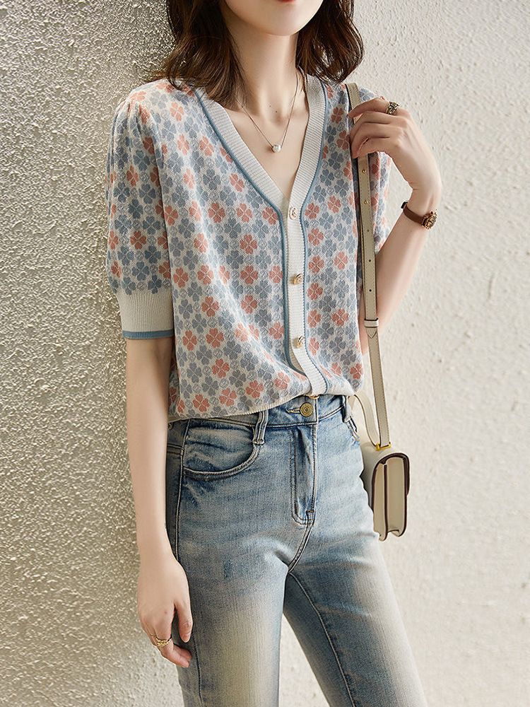 Cardigan tricoté mi-long à col en V pour femme, nouveau style printemps 2024, haut ample à manches cinq-quarts avec taille cintrée en jacquard occidental_voghion.com