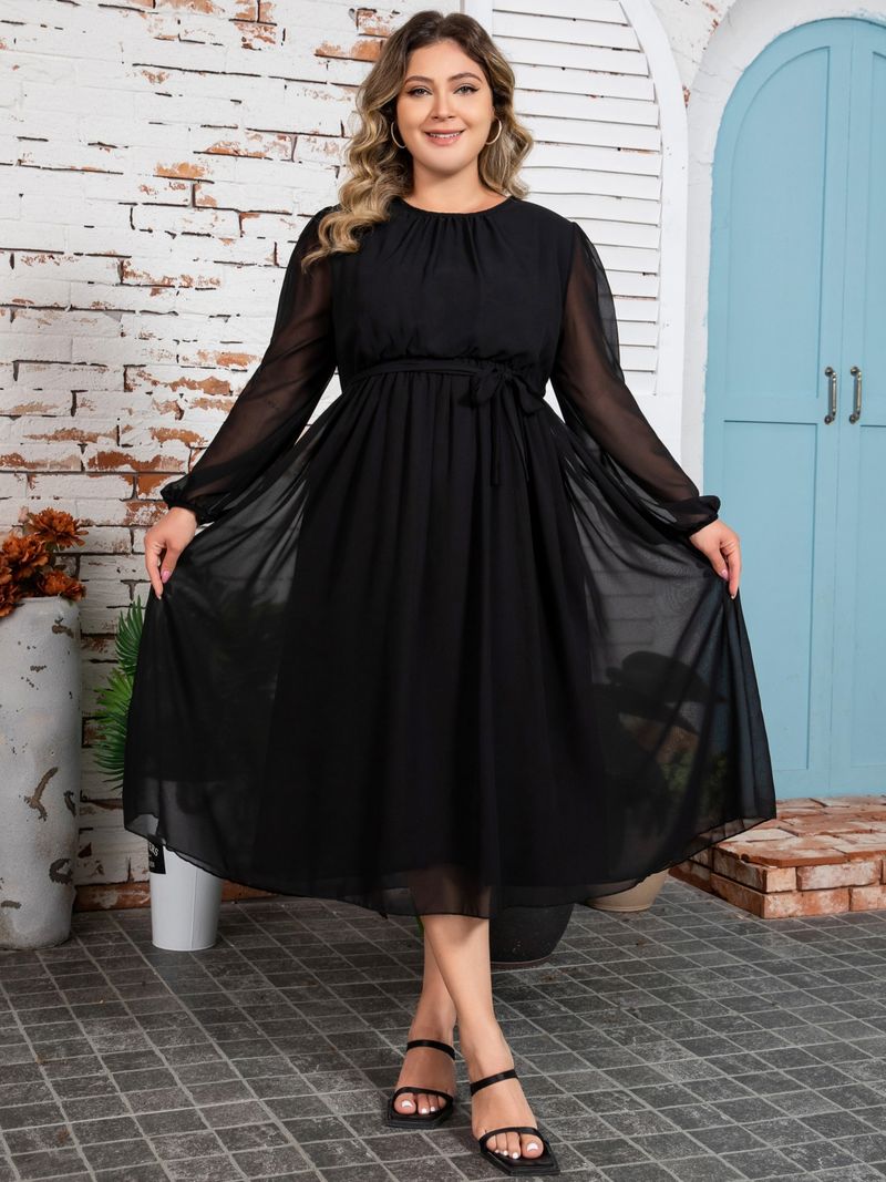 Große frauen Einfarbig Elegante Chiffon Taille Gewickelt Fett MM Kleid Frauen_voghion.com
