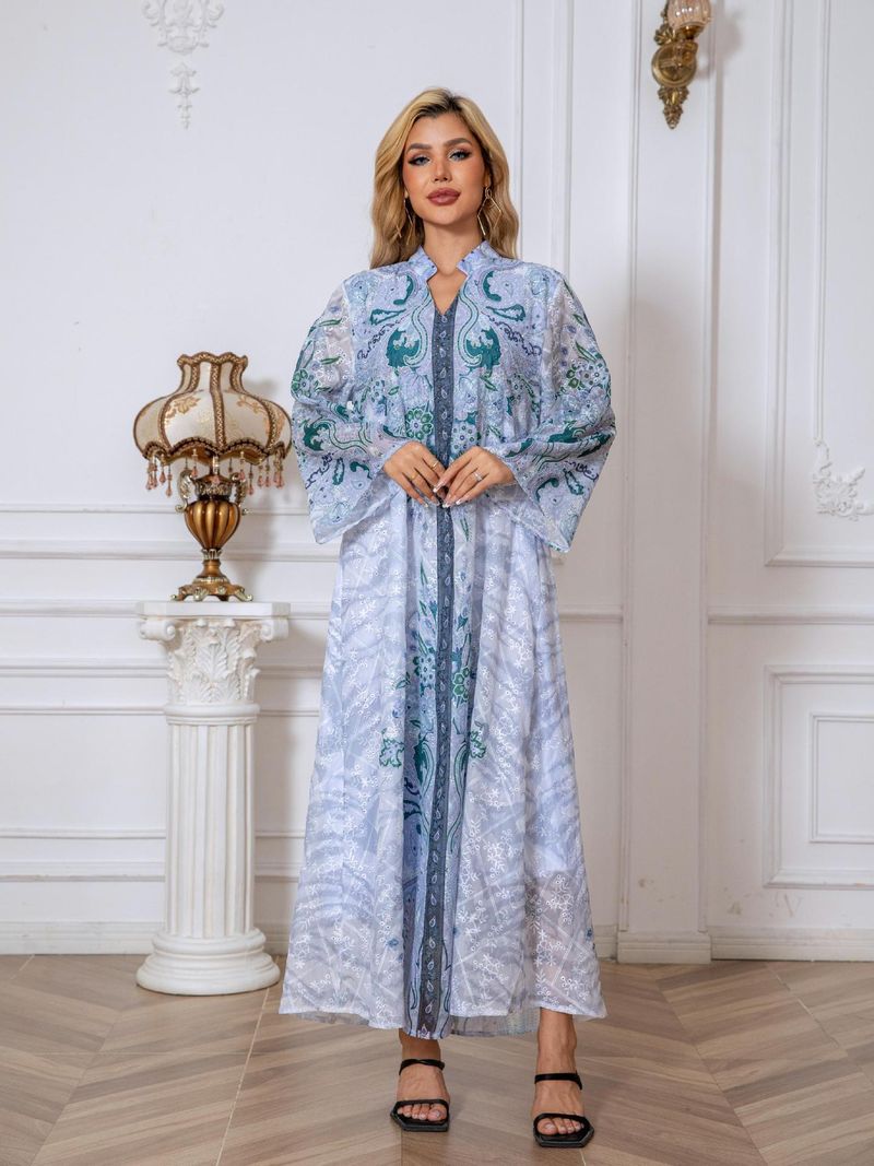 Abito lungo da donna musulmana in tessuto ricamato con stampa a tutta lunghezza e tempestato di diamanti, abito lungo da donna Abaya_voghion.com